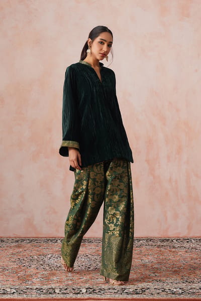 Bottle Green Velvet Kurta Set with Brocade Farshi Pants