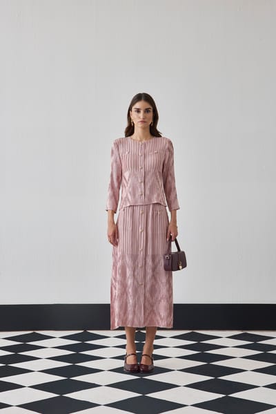 Nude Pink Pleated Printed Top and Midi Skirt Co-ord Set