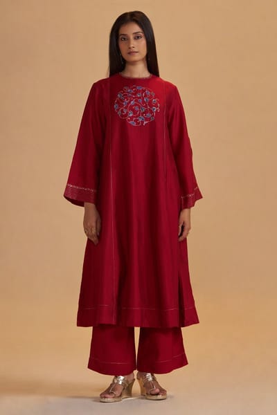 Maroon Silk Kurta and Wide-Leg Pants Co-ord Set