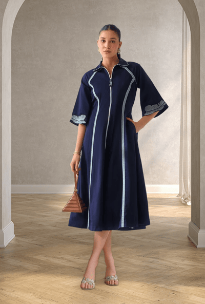 Navy Cotton Satin Zip-Front Fit and Flare Midi Dress
