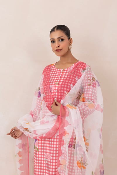 Pink and White Gingham Printed Cotton Kurta Set