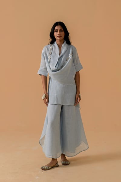 Light Blue Gauze Linen Cape and Palazzo Co-ord Set