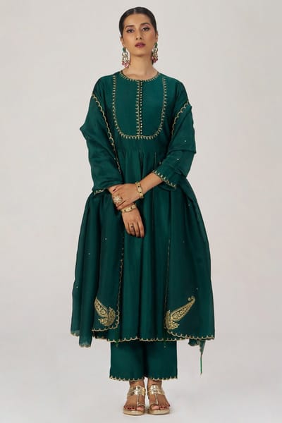 Emerald Green Raw Silk Festive Kurta Set