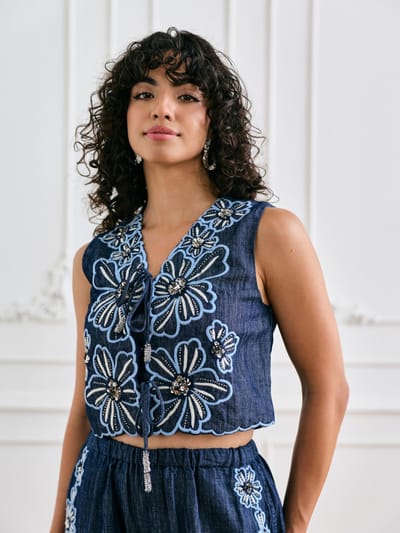 Blue Embroidered Tie-Front Crop Vest Top