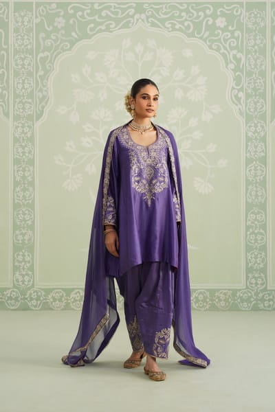 Purple Embroidered Chanderi Kurta Set with Salwar