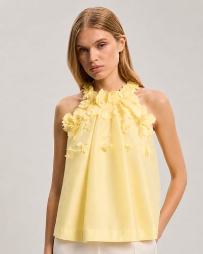 Lemon 3D Floral Appliqué Halter Neck Blouse