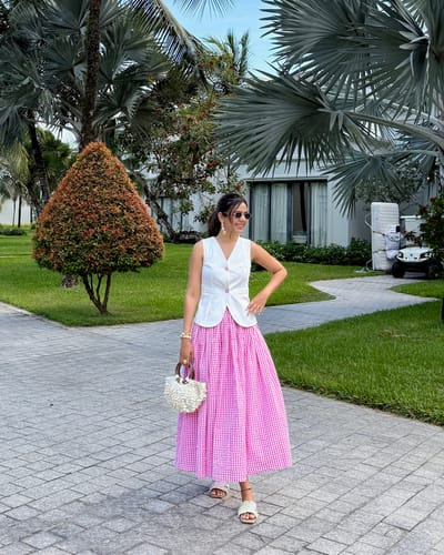 Cream Waistcoat and Pink Gingham Midi Skirt Co-ord Set