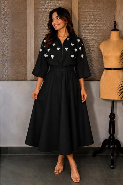 Black Heart Print Top and Midi Skirt Co-ord Set
