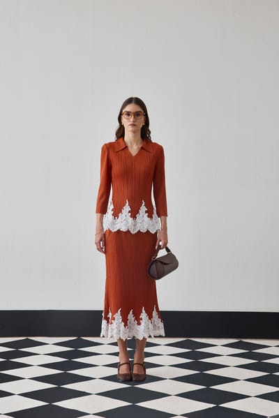 Orange Pleated Top and Midi Pencil Skirt Co-ord Set