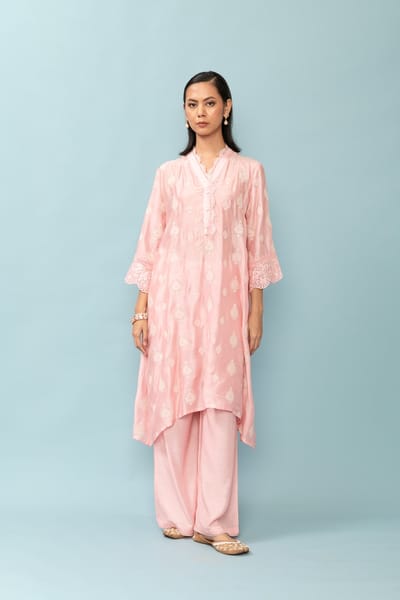 Baby Pink Asymmetric Embroidered Kurta Set
