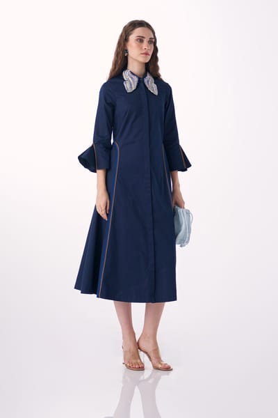 Navy Cotton Satin Fit and Flare Midi Shirt Dress