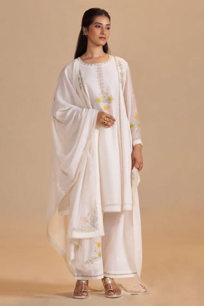 Gardenia White Chanderi Silk A-Line Kurta Set