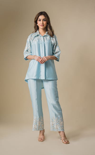 Powder Blue Floral Embroidered Shirt and Pants Co-ord Set