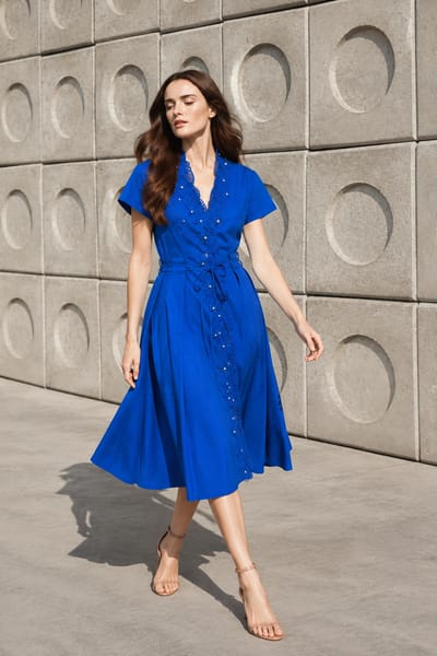 Blue Cotton Fit and Flare Midi Dress with Lace Detail
