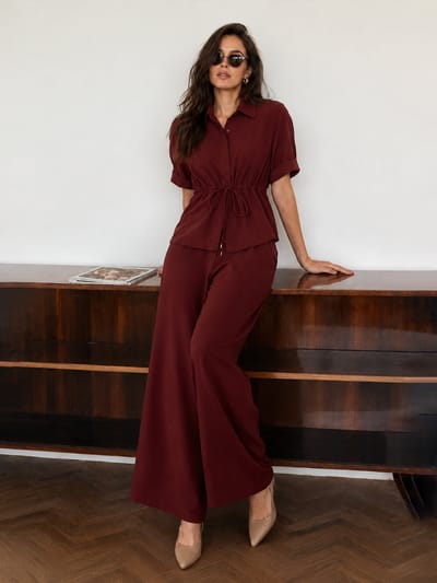 Maroon Drawstring Waist Co-ord Set with Wide-Leg Pants