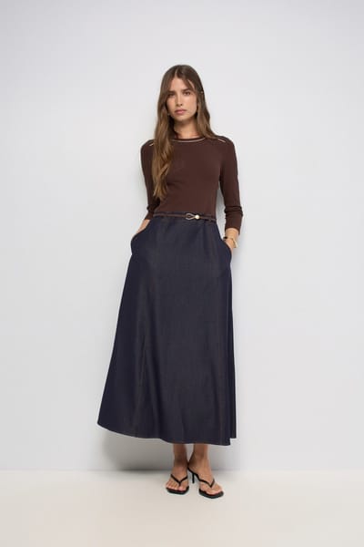 Denim Dress W/ Mix Fabrics And Belt