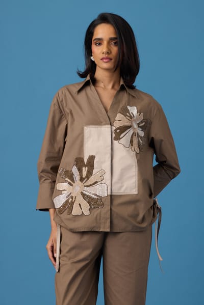 Earth Brown Oversized Colorblocked Appliqué Shirt