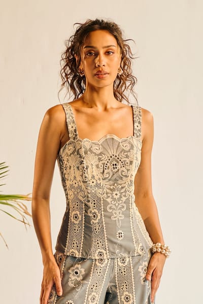 Blue Embroidered Lace Corset Top with Sweetheart Neck