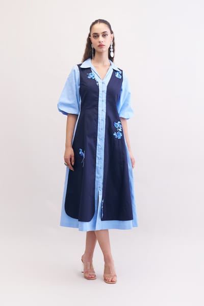 Navy and Blue Colorblocked Embroidered Midi Shirt Dress