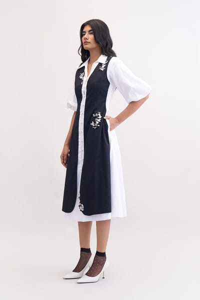 Black and White Colorblock Applique Midi Shirt Dress