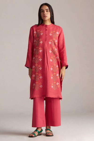 Pink Linen Kurta and Wide-Leg Pant Co-ord Set