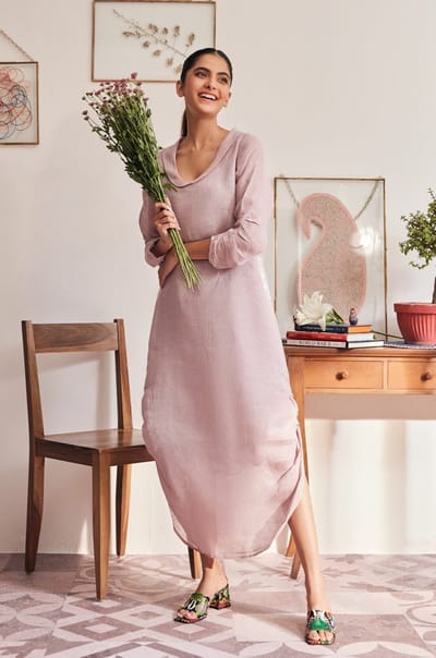 Lavender Linen V-Neck Straight Midi Dress with Pockets