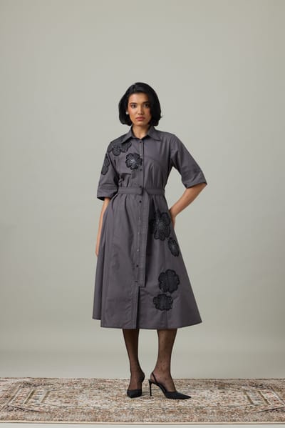Earth Brown Belted Shirt Midi Dress with Floral Appliqué