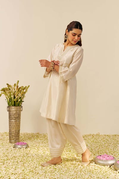 Daisy Ivory Embroidered Short Kurta and Salwar Set