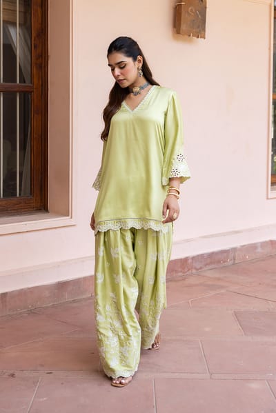 Green Cutwork Tunic and Farshi Pants Co-ord Set