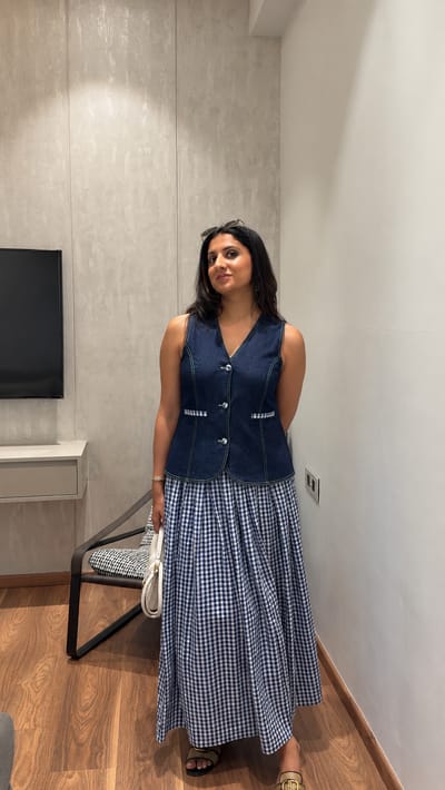 Denim Waistcoat and Blue White Gingham Maxi Skirt Co-ord
