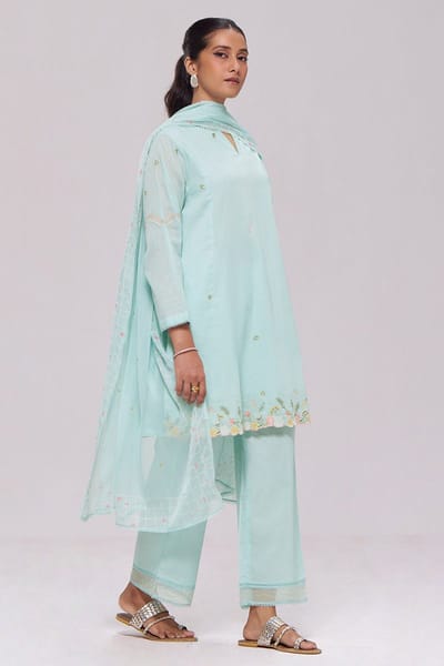 Ice-Blue Mul-Chanderi Kurta Set