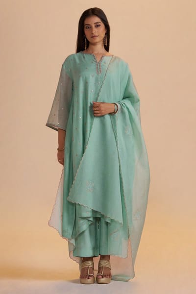 Pale Turquoise Chanderi Silk Festive Kurta Set
