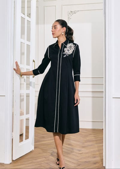 Black Midi Shirt Dress with Contrast Piping and Embroidery