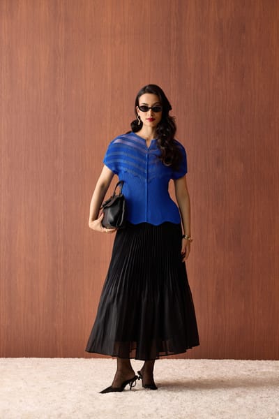 Sapphire Blue Pleated Top with Sheer Yoke Detail