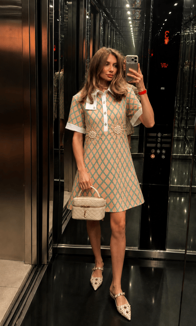 Pink Geometric Print Mini Shirt Dress with Contrast Collar