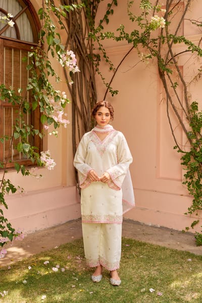 Ivory and Pink Chanderi Embroidered Straight Suit Set
