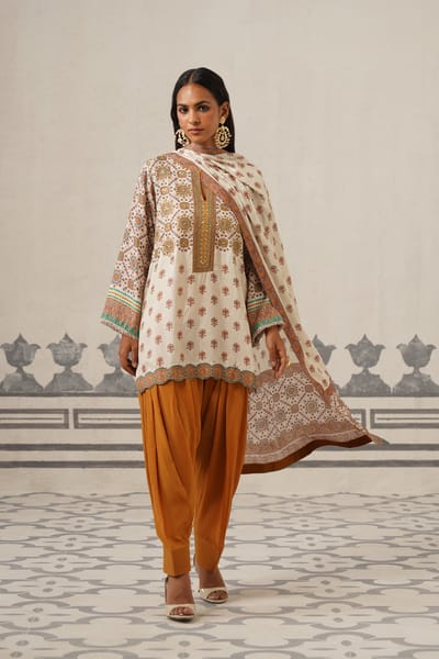 Beige and Orange Printed Muslin Kurta Set with Dupatta
