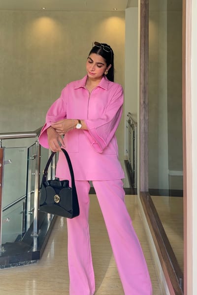 Pink Half-Zip Collared Co-ord Set with Bell Bottom Pants