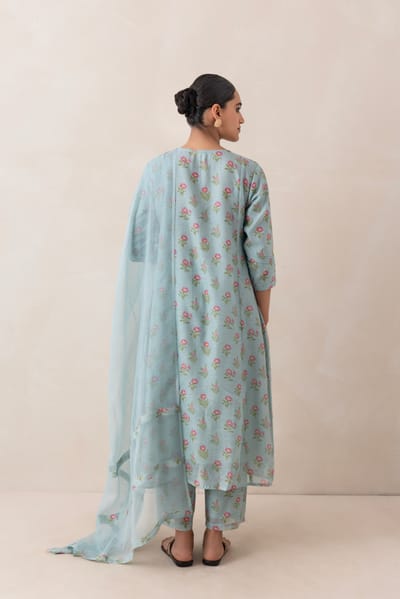 Powder Blue Floral Printed Chanderi Kurta Set with Dupatta