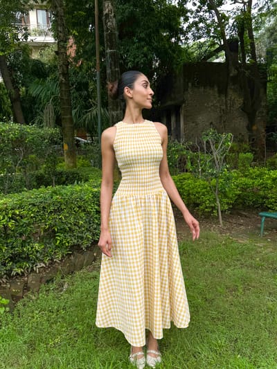 Yellow Gingham Smocked Bodice Maxi Dress