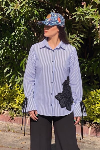Blue/White Striped Shirt with Black Floral Appliqué