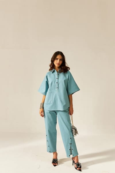 Smoke Blue Denim Co-ord Set with Collared Top and Pants