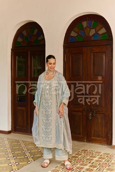Ice Blue Chanderi Embroidered Straight Suit Set
