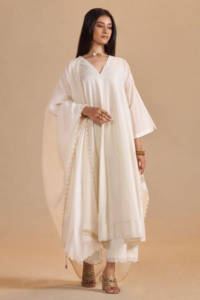 Ivory and Gold Foil Chanderi Silk A-Line Kurta Set