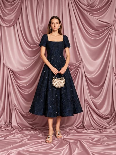 Maison Gem Jacquard Half Sleeves Midi Dress