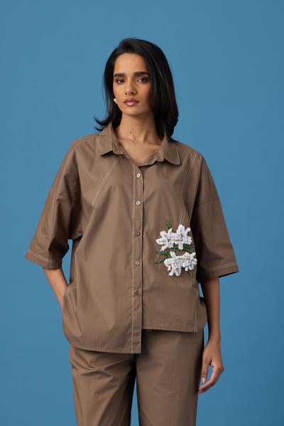 Ochre Cotton Poplin Appliqué Shirt