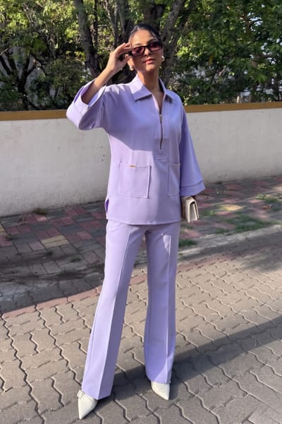 Purple Half-Zip Top and Bell-Bottom Pants Co-ord Set