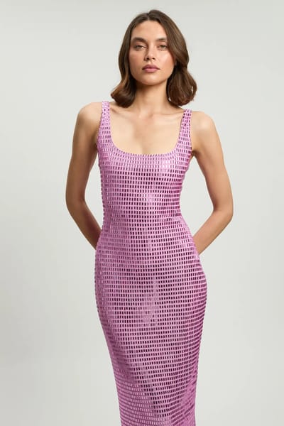 Baby Pink Crystal Embellished Bodycon Midi Dress