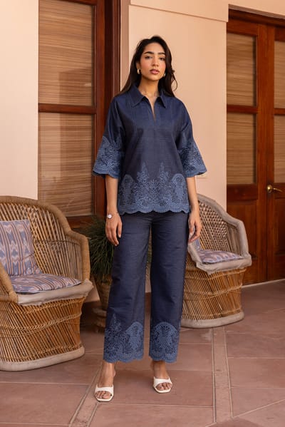 Blue Denim Cutwork Embroidered Co-ord Set