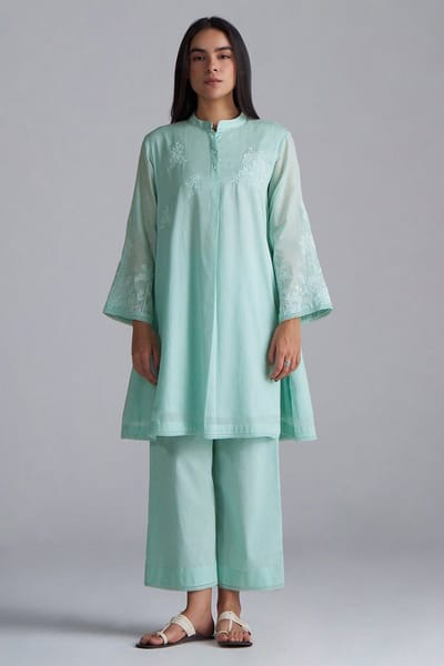 Dusky Aqua Mul-Mul Embroidered Kurta and Pant Co-ord Set